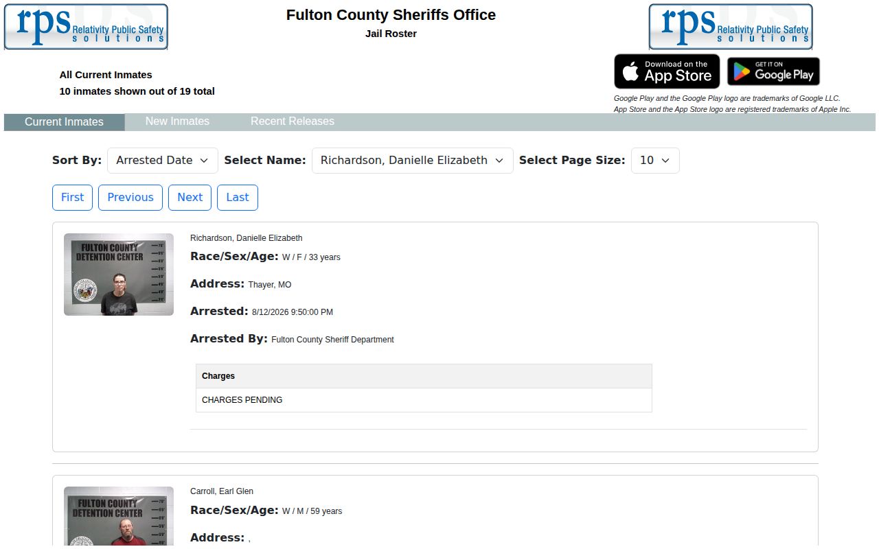 Fulton County current inmate roster interface for booking records